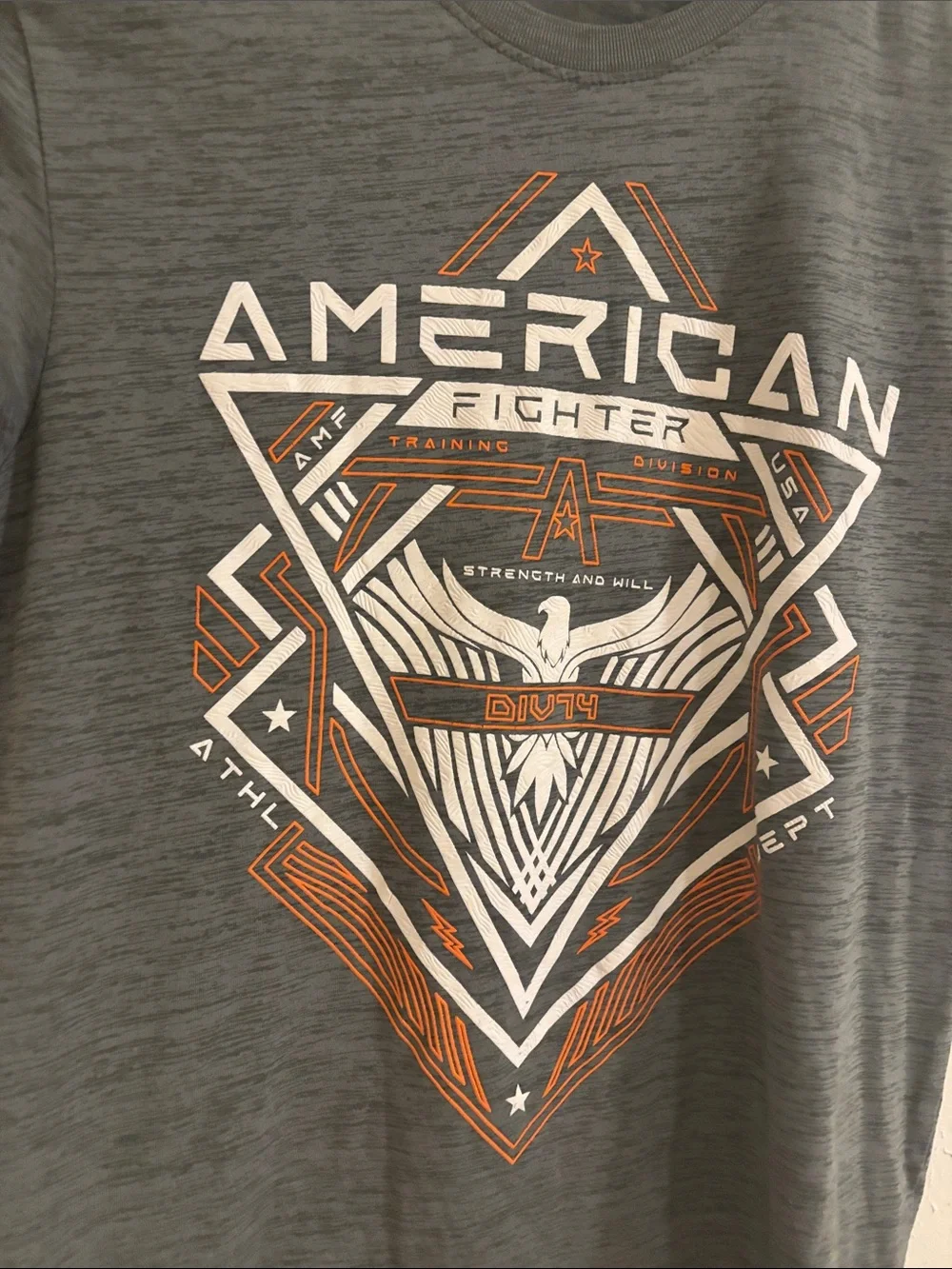 American Fighter Grey Tee with White & Orange Graphic